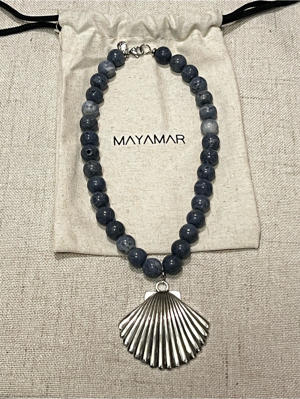 Mayamar Azur Blue Bead Necklace Silver Plated Shell Pendant Statement Ocean